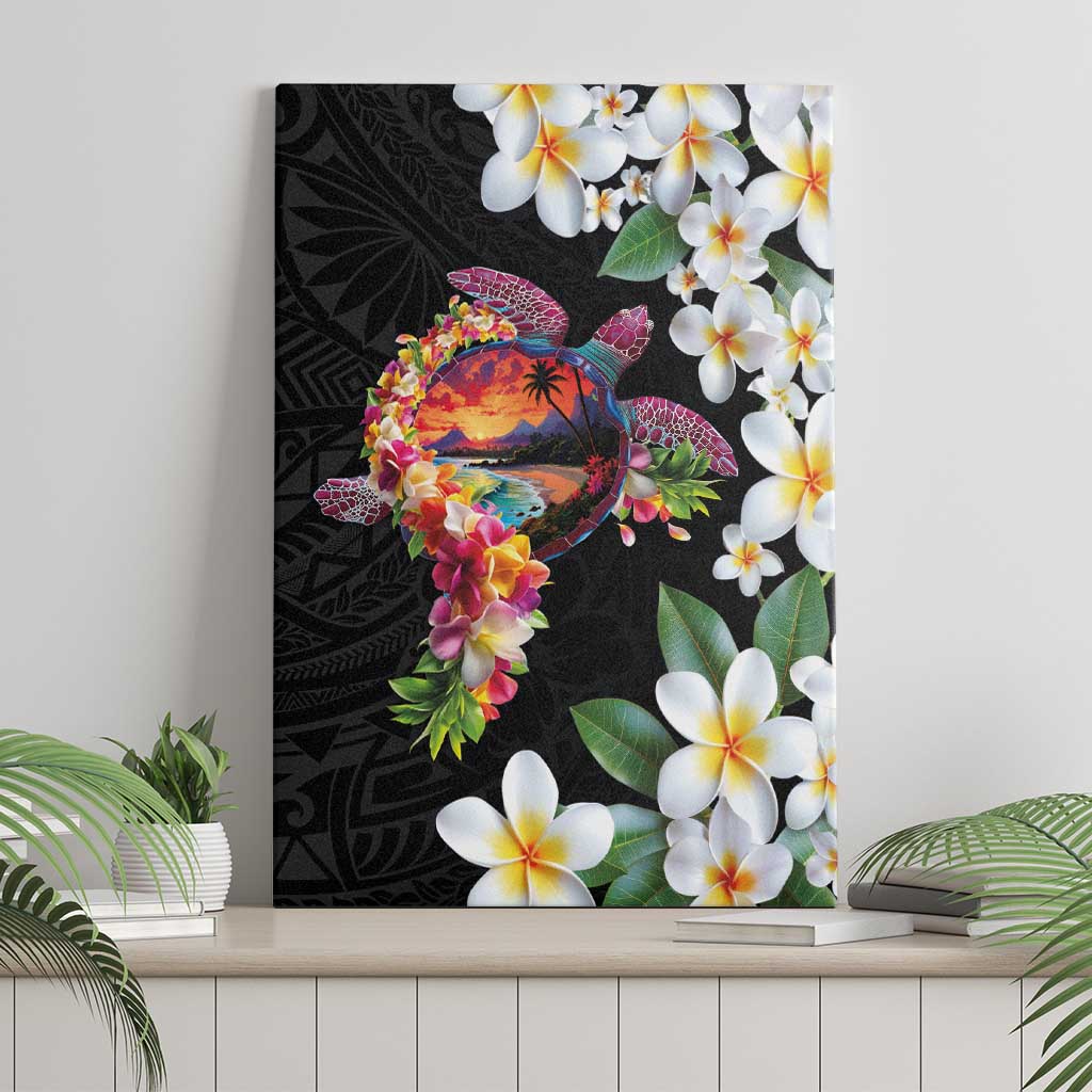 Hawaiian Lei Day Canvas Wall Art Plumeria and Turtle with Polynesian Tribal Pattern