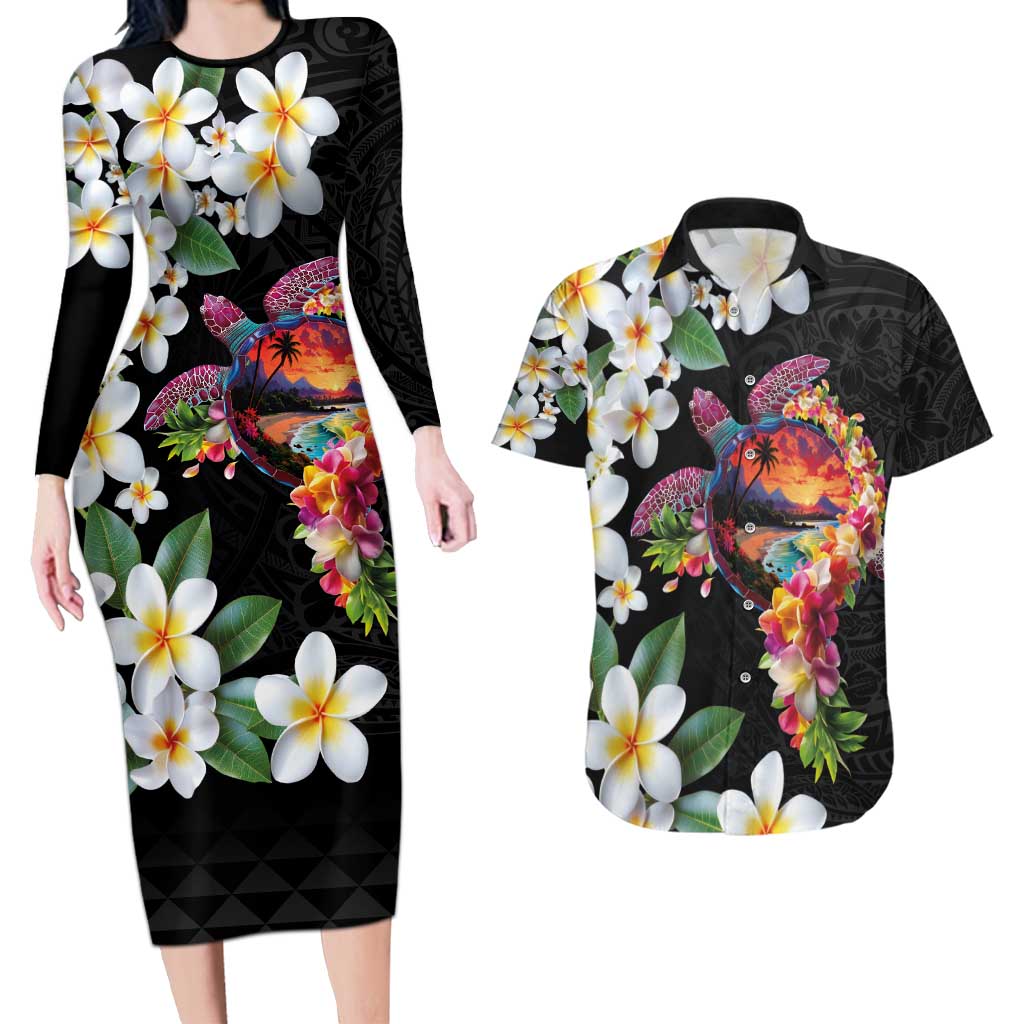 Hawaiian Lei Day Couples Matching Long Sleeve Bodycon Dress and Hawaiian Shirt Plumeria and Turtle with Polynesian Tribal Pattern