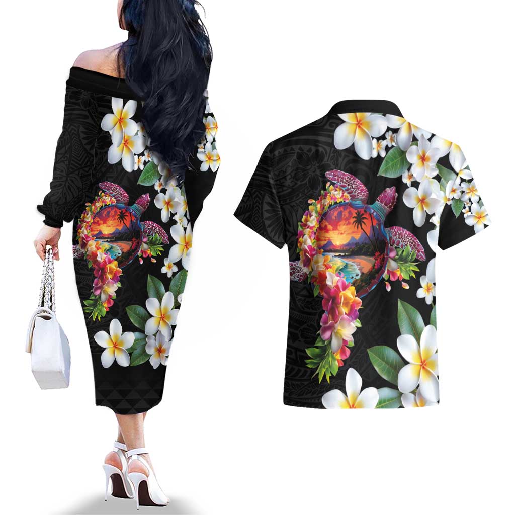 Hawaiian Lei Day Couples Matching Off The Shoulder Long Sleeve Dress and Hawaiian Shirt Plumeria and Turtle with Polynesian Tribal Pattern