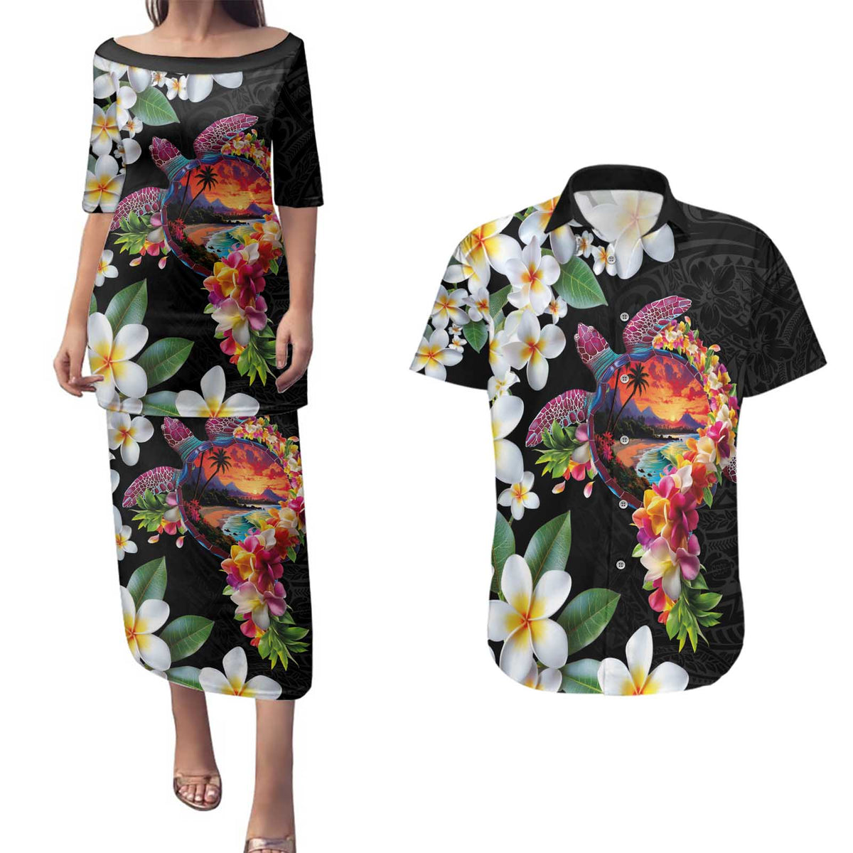 Hawaiian Lei Day Couples Matching Puletasi and Hawaiian Shirt Plumeria and Turtle with Polynesian Tribal Pattern