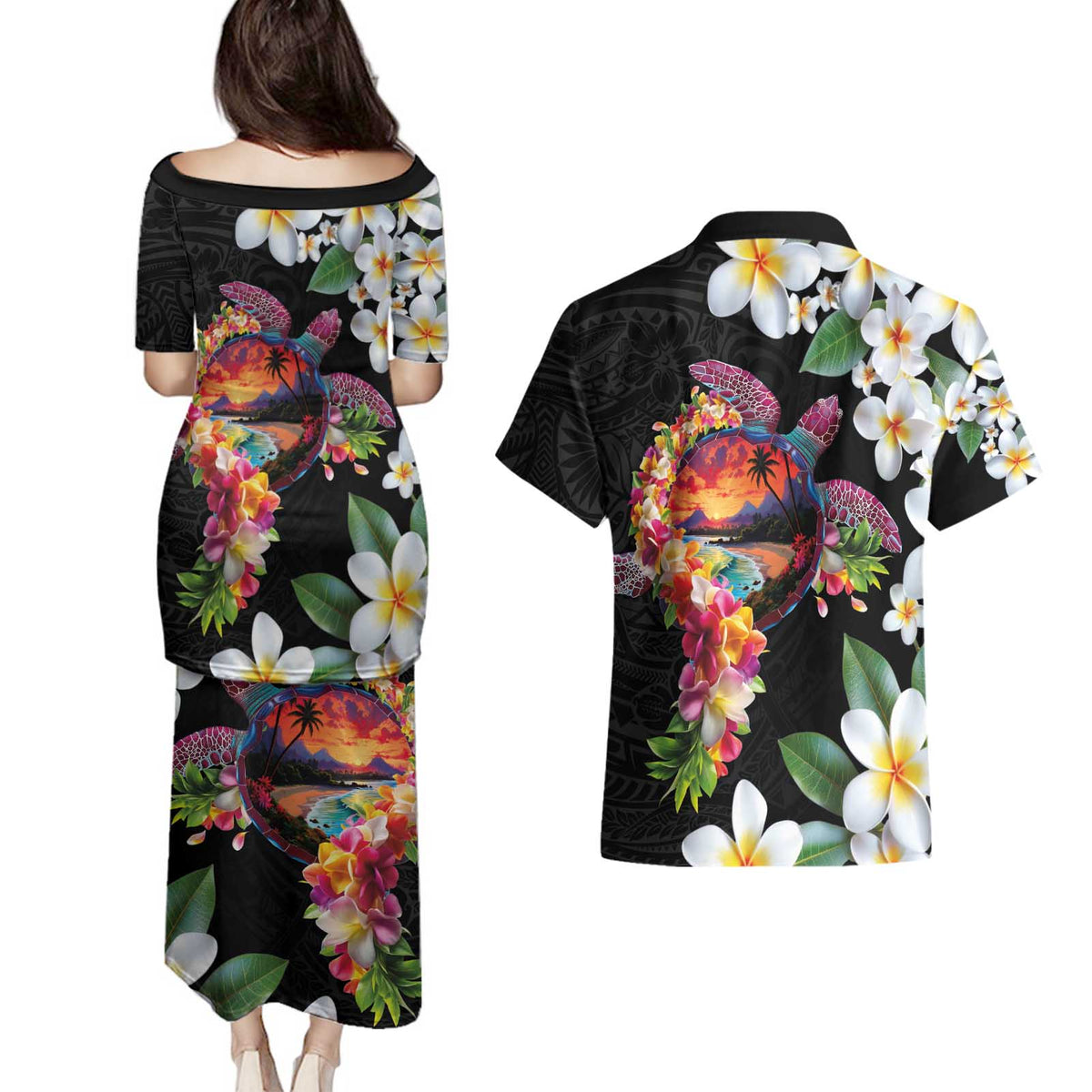 Hawaiian Lei Day Couples Matching Puletasi and Hawaiian Shirt Plumeria and Turtle with Polynesian Tribal Pattern
