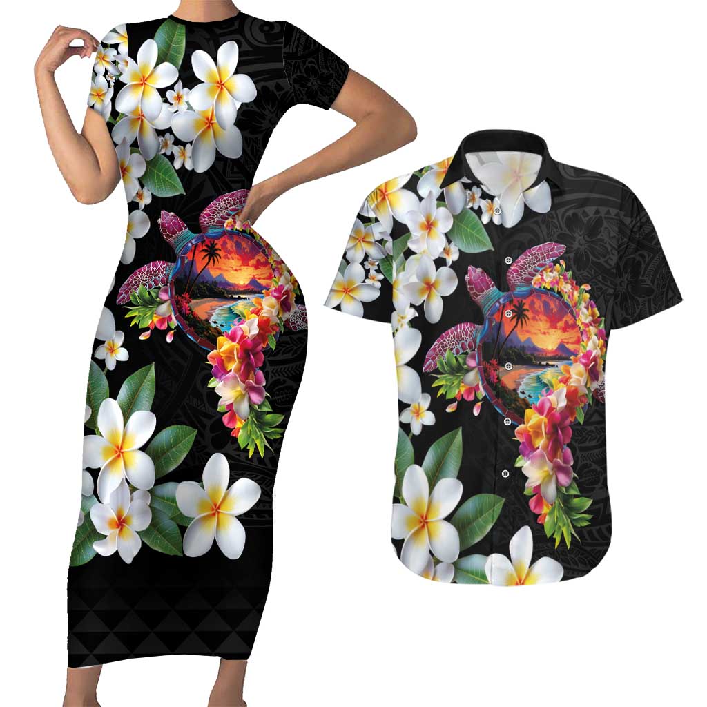 Hawaiian Lei Day Couples Matching Short Sleeve Bodycon Dress and Hawaiian Shirt Plumeria and Turtle with Polynesian Tribal Pattern