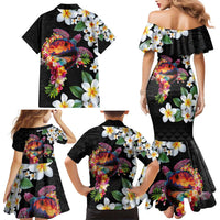 Hawaiian Lei Day Family Matching Mermaid Dress and Hawaiian Shirt Plumeria and Turtle with Polynesian Tribal Pattern