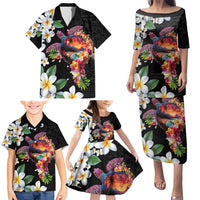 Hawaiian Lei Day Family Matching Puletasi and Hawaiian Shirt Plumeria and Turtle with Polynesian Tribal Pattern