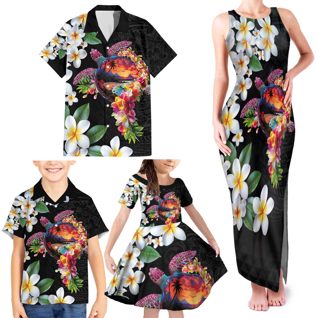 Hawaiian Lei Day Family Matching Tank Maxi Dress and Hawaiian Shirt Plumeria and Turtle with Polynesian Tribal Pattern