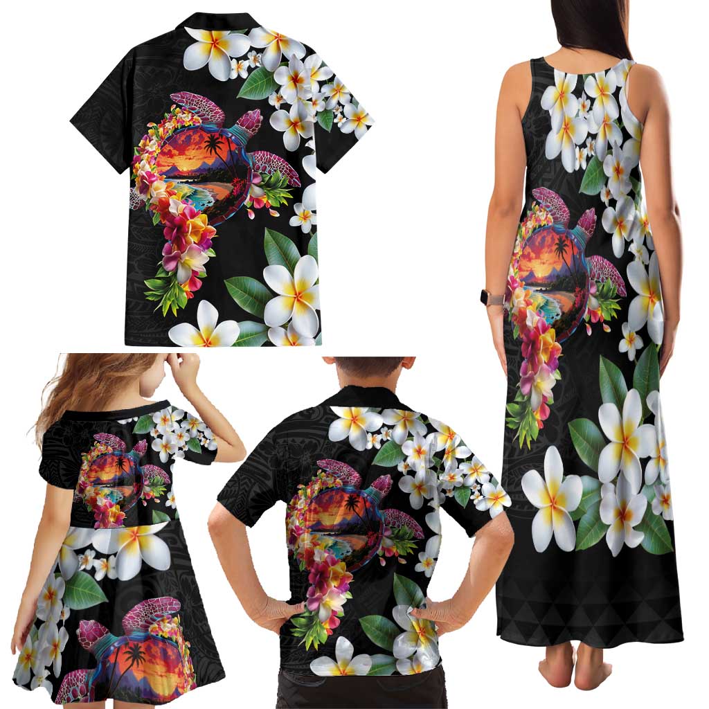Hawaiian Lei Day Family Matching Tank Maxi Dress and Hawaiian Shirt Plumeria and Turtle with Polynesian Tribal Pattern