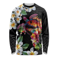 Hawaiian Lei Day Long Sleeve Shirt Plumeria and Turtle with Polynesian Tribal Pattern LT03 Unisex Black - Polynesian Pride