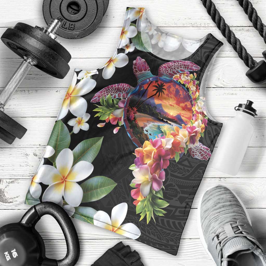 Hawaiian Lei Day Men Tank Top Plumeria and Turtle with Polynesian Tribal Pattern