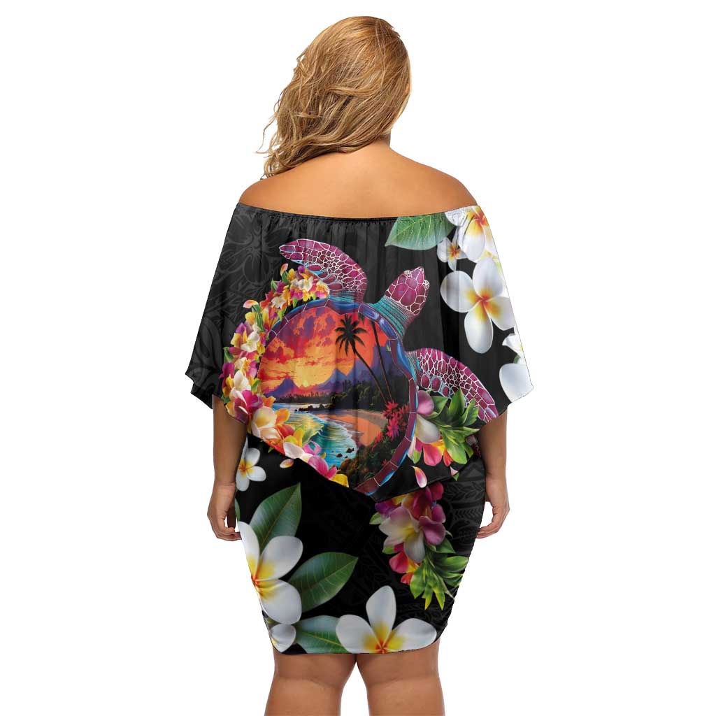 Hawaiian Lei Day Off Shoulder Short Dress Plumeria and Turtle with Polynesian Tribal Pattern