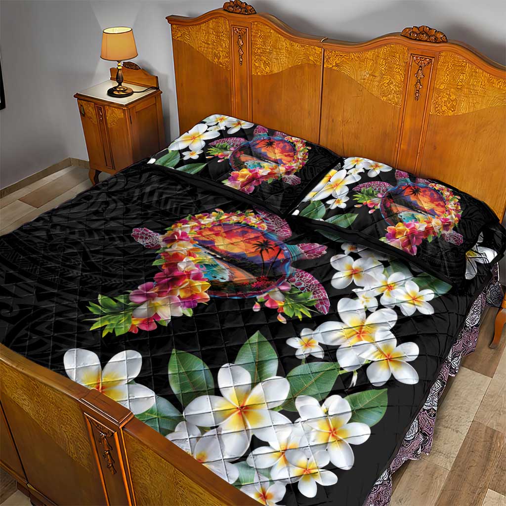 Hawaiian Lei Day Quilt Bed Set Plumeria and Turtle with Polynesian Tribal Pattern