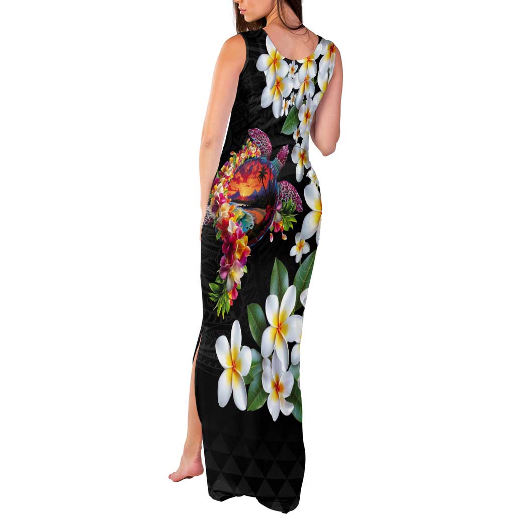 Hawaiian Lei Day Tank Maxi Dress Plumeria and Turtle with Polynesian Tribal Pattern
