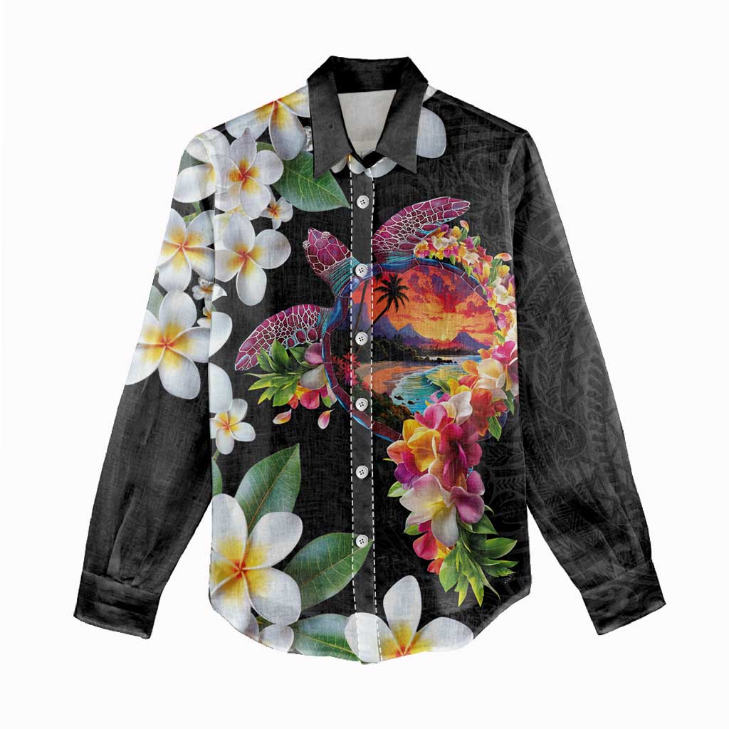 Hawaiian Lei Day Women Casual Shirt Plumeria and Turtle with Polynesian Tribal Pattern