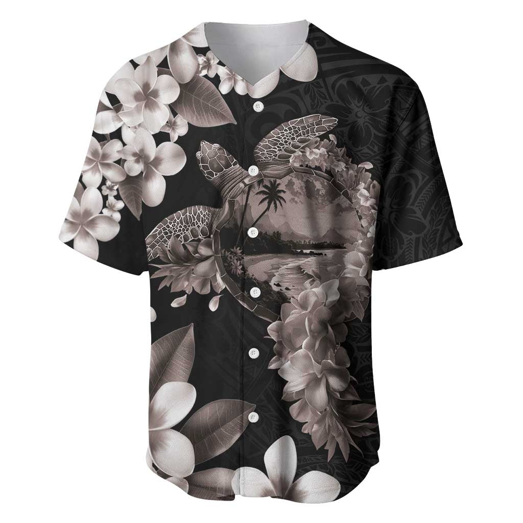 Hawaiian Lei Day Baseball Jersey Plumeria and Turtle with Polynesian Tribal Pattern Grayscale Color LT03 Black - Polynesian Pride