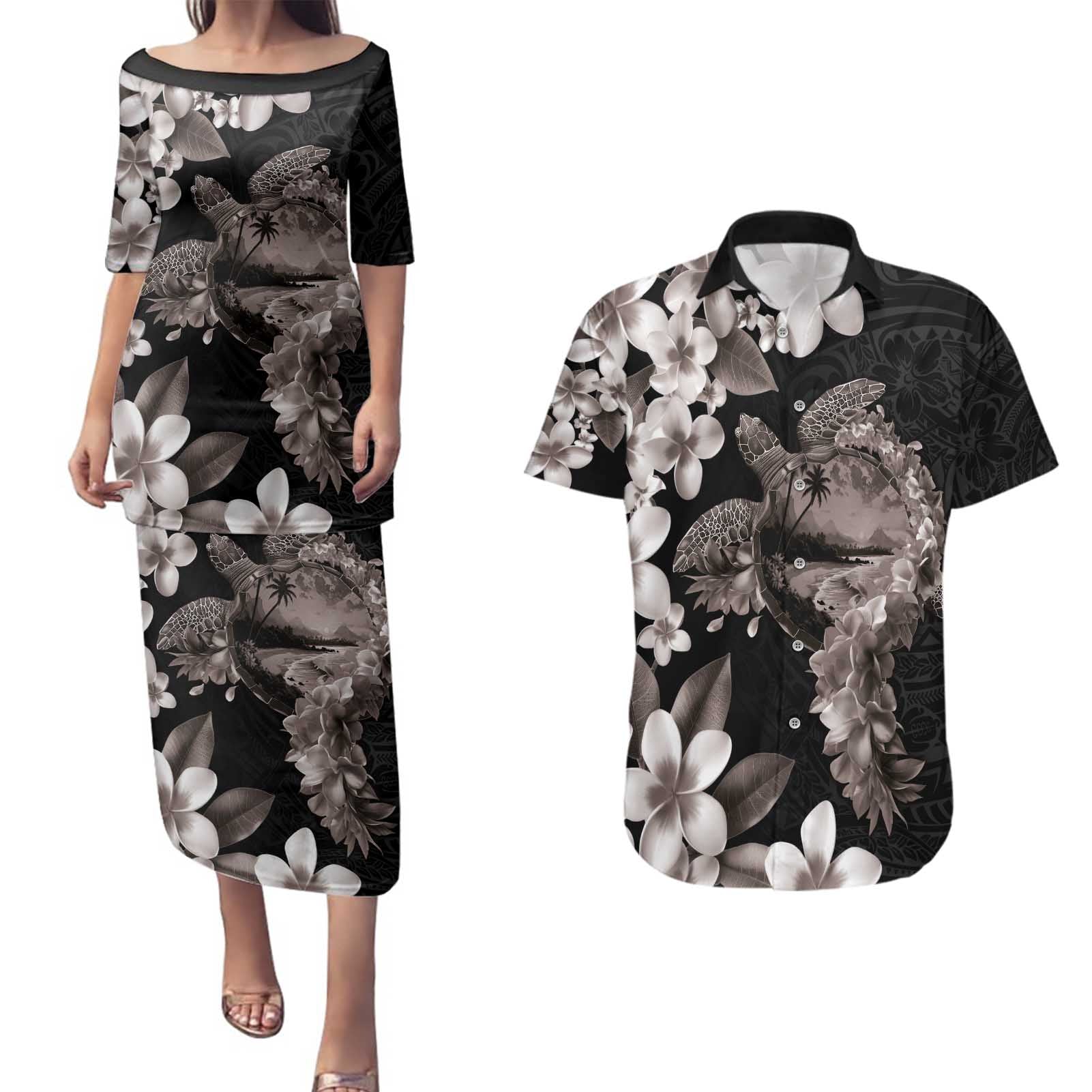 Hawaiian Lei Day Couples Matching Puletasi and Hawaiian Shirt Plumeria and Turtle with Polynesian Tribal Pattern Grayscale Color