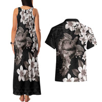 Hawaiian Lei Day Couples Matching Tank Maxi Dress and Hawaiian Shirt Plumeria and Turtle with Polynesian Tribal Pattern Grayscale Color