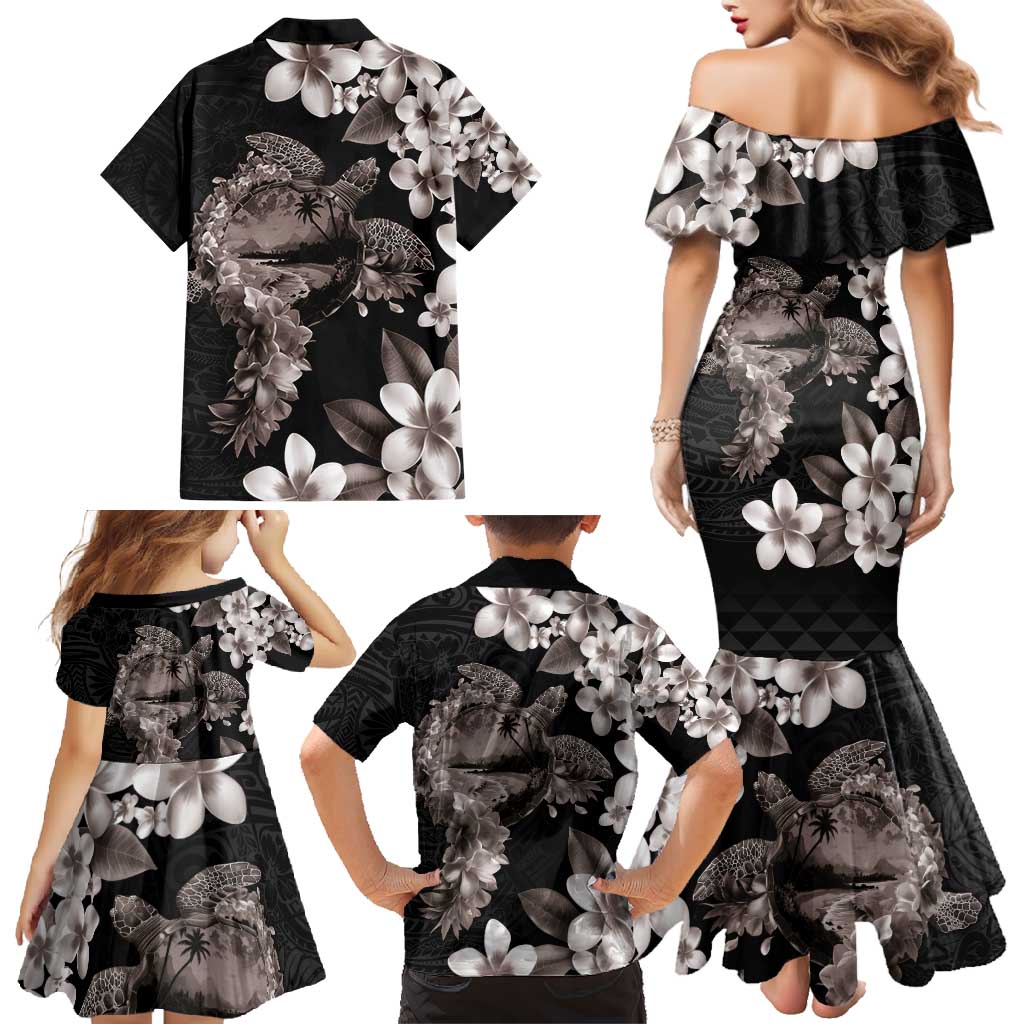 Hawaiian Lei Day Family Matching Mermaid Dress and Hawaiian Shirt Plumeria and Turtle with Polynesian Tribal Pattern Grayscale Color