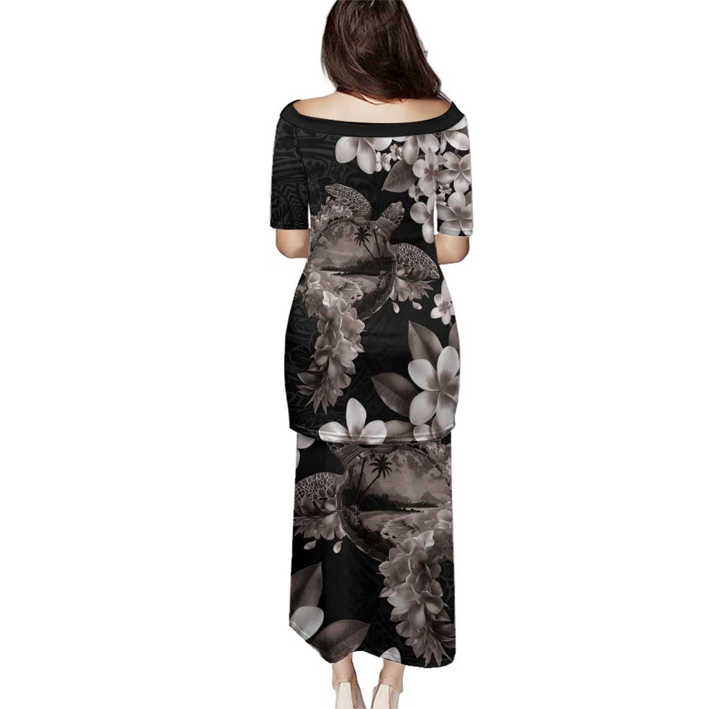 Hawaiian Lei Day Family Matching Puletasi and Hawaiian Shirt Plumeria and Turtle with Polynesian Tribal Pattern Grayscale Color