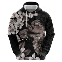 Hawaiian Lei Day Hoodie Plumeria and Turtle with Polynesian Tribal Pattern Grayscale Color