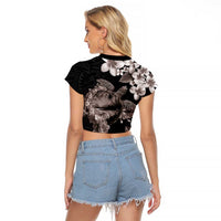 Hawaiian Lei Day Raglan Cropped T Shirt Plumeria and Turtle with Polynesian Tribal Pattern Grayscale Color LT03 - Polynesian Pride