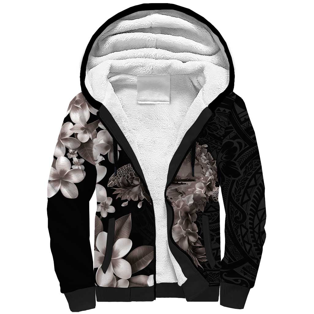 Hawaiian Lei Day Sherpa Hoodie Plumeria and Turtle with Polynesian Tribal Pattern Grayscale Color LT03 Unisex Black - Polynesian Pride