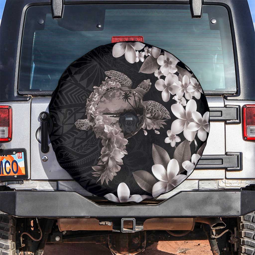 Hawaiian Lei Day Spare Tire Cover Plumeria and Turtle with Polynesian Tribal Pattern Grayscale Color