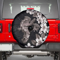 Hawaiian Lei Day Spare Tire Cover Plumeria and Turtle with Polynesian Tribal Pattern Grayscale Color