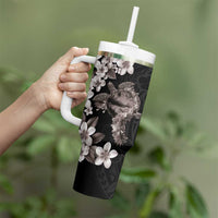 Hawaiian Lei Day Tumbler With Handle Plumeria and Turtle with Polynesian Tribal Pattern Grayscale Color
