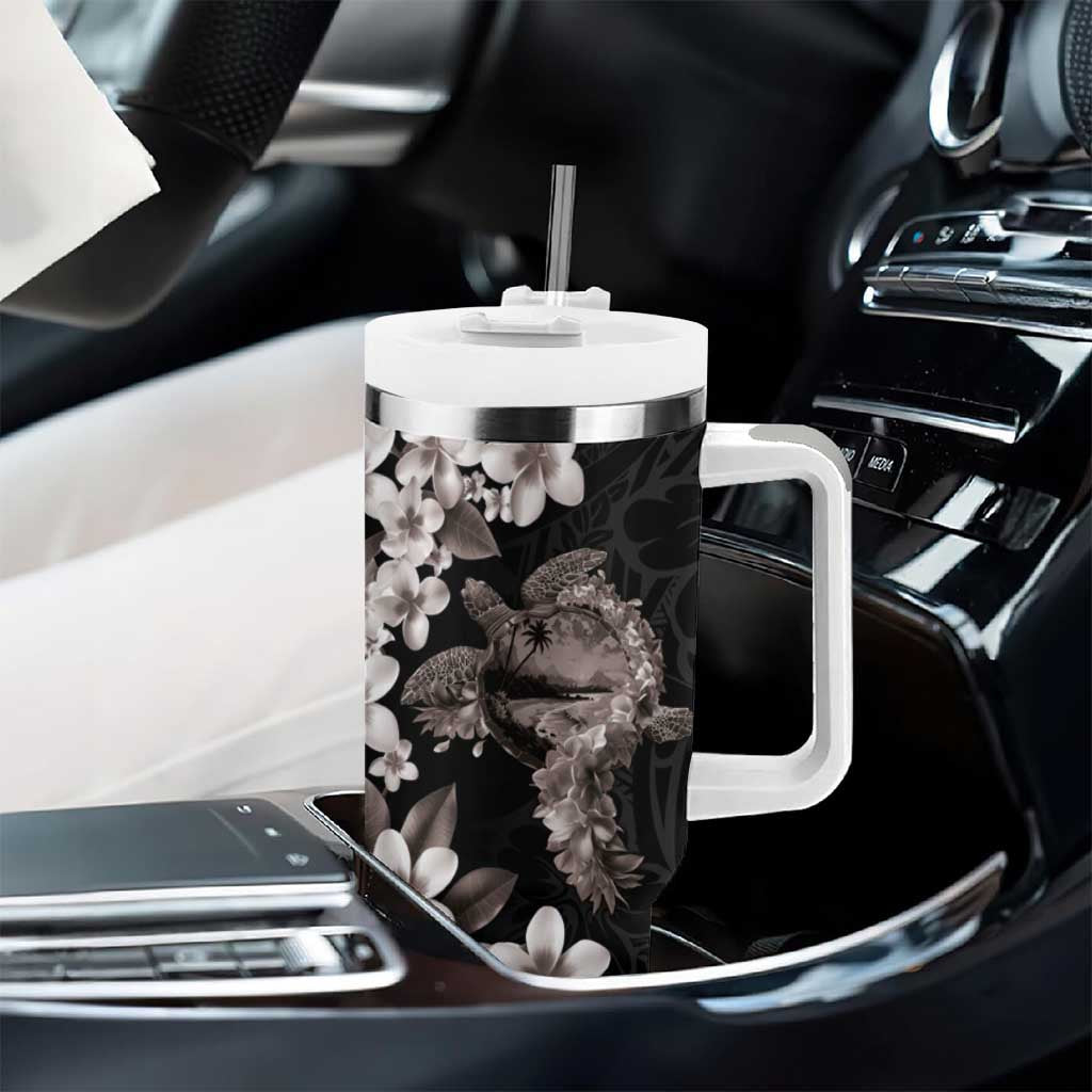 Hawaiian Lei Day Tumbler With Handle Plumeria and Turtle with Polynesian Tribal Pattern Grayscale Color