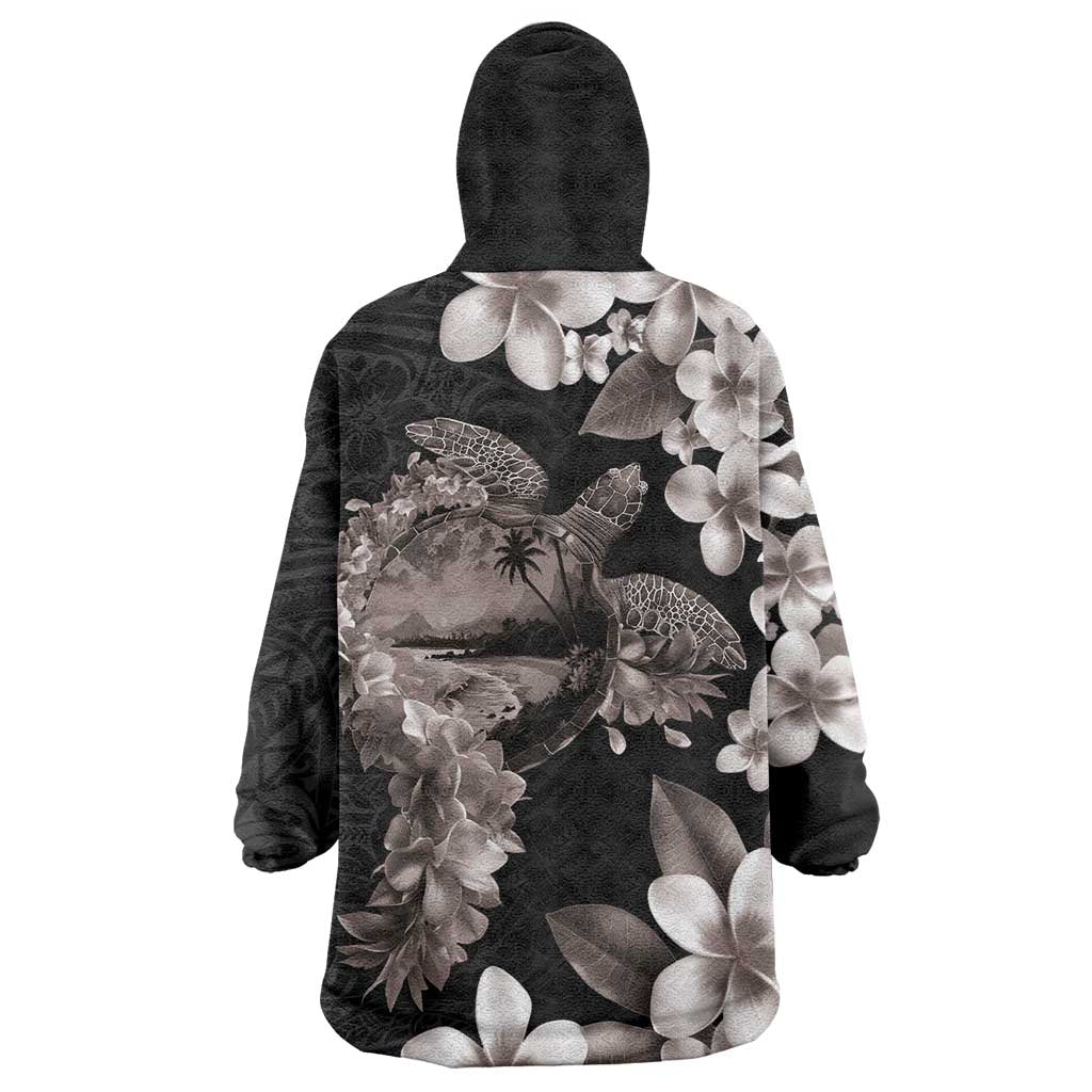 Hawaiian Lei Day Wearable Blanket Hoodie Plumeria and Turtle with Polynesian Tribal Pattern Grayscale Color
