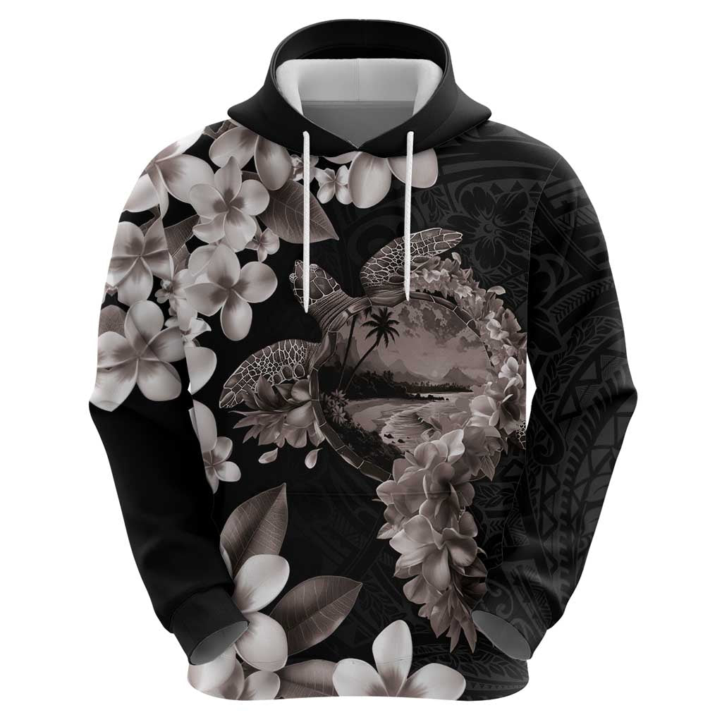 Hawaiian Lei Day Zip Hoodie Plumeria and Turtle with Polynesian Tribal Pattern Grayscale Color