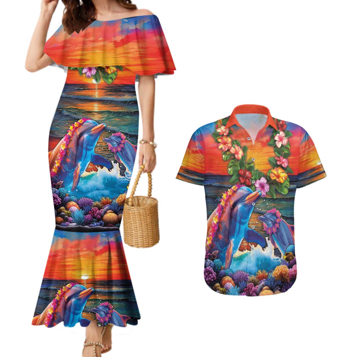 Hawaiian Lei Day Couples Matching Mermaid Dress and Hawaiian Shirt Dolphins with Colorful Corals and Romantic Sunset