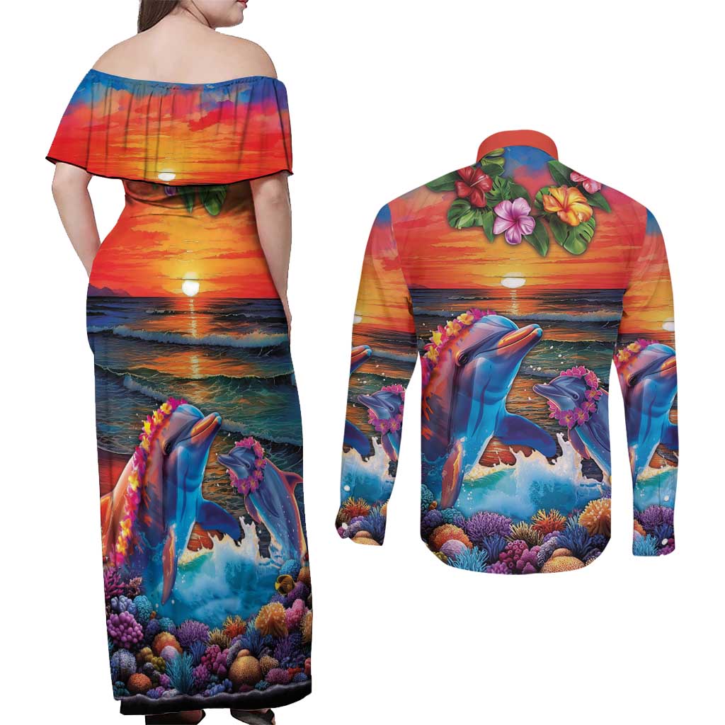Hawaiian Lei Day Couples Matching Off Shoulder Maxi Dress and Long Sleeve Button Shirt Dolphins with Colorful Corals and Romantic Sunset