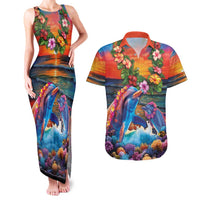 Hawaiian Lei Day Couples Matching Tank Maxi Dress and Hawaiian Shirt Dolphins with Colorful Corals and Romantic Sunset