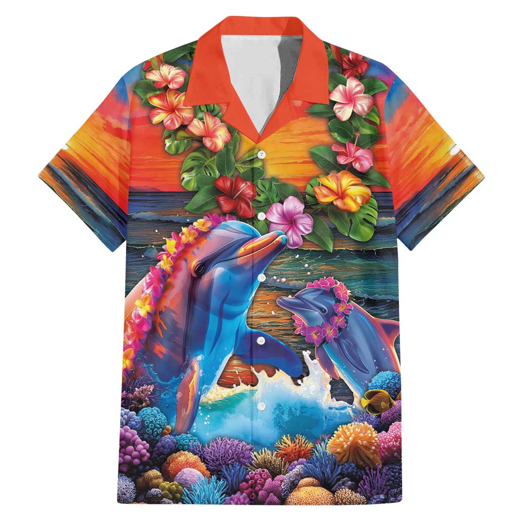 Hawaiian Lei Day Family Matching Mermaid Dress and Hawaiian Shirt Dolphins with Colorful Corals and Romantic Sunset