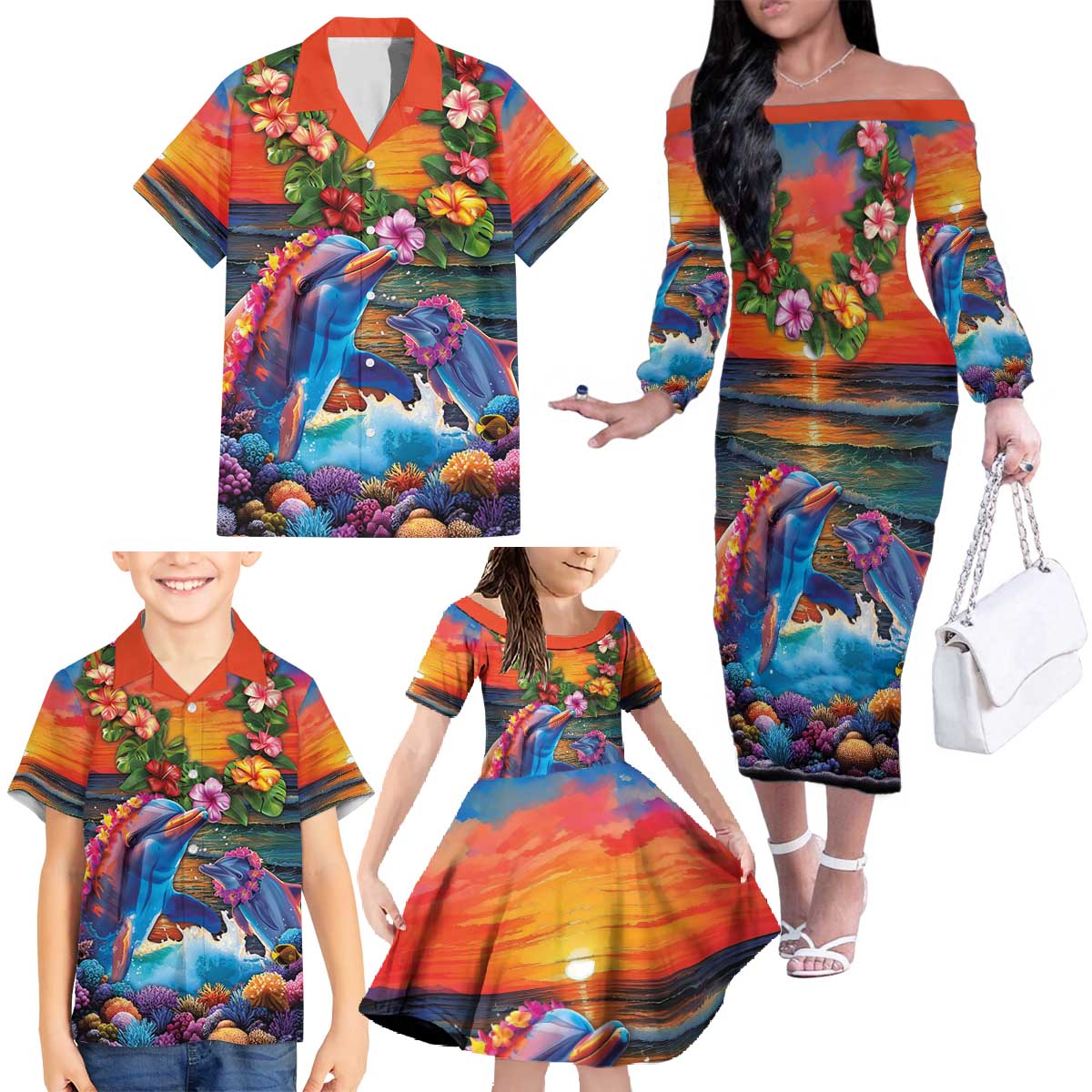 Hawaiian Lei Day Family Matching Off The Shoulder Long Sleeve Dress and Hawaiian Shirt Dolphins with Colorful Corals and Romantic Sunset