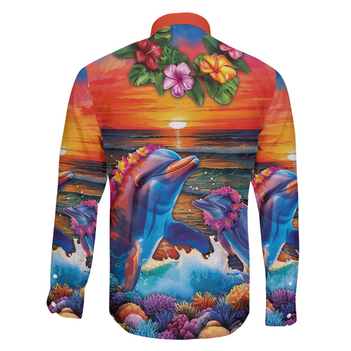 Hawaiian Lei Day Family Matching Off The Shoulder Long Sleeve Dress and Hawaiian Shirt Dolphins with Colorful Corals and Romantic Sunset