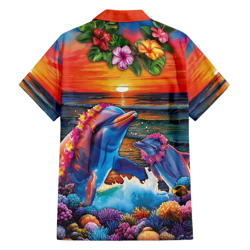 Hawaiian Lei Day Family Matching Puletasi and Hawaiian Shirt Dolphins with Colorful Corals and Romantic Sunset