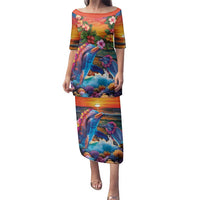 Hawaiian Lei Day Family Matching Puletasi and Hawaiian Shirt Dolphins with Colorful Corals and Romantic Sunset