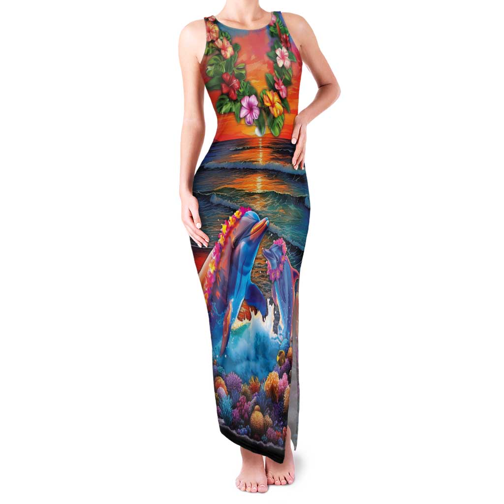Hawaiian Lei Day Family Matching Tank Maxi Dress and Hawaiian Shirt Dolphins with Colorful Corals and Romantic Sunset