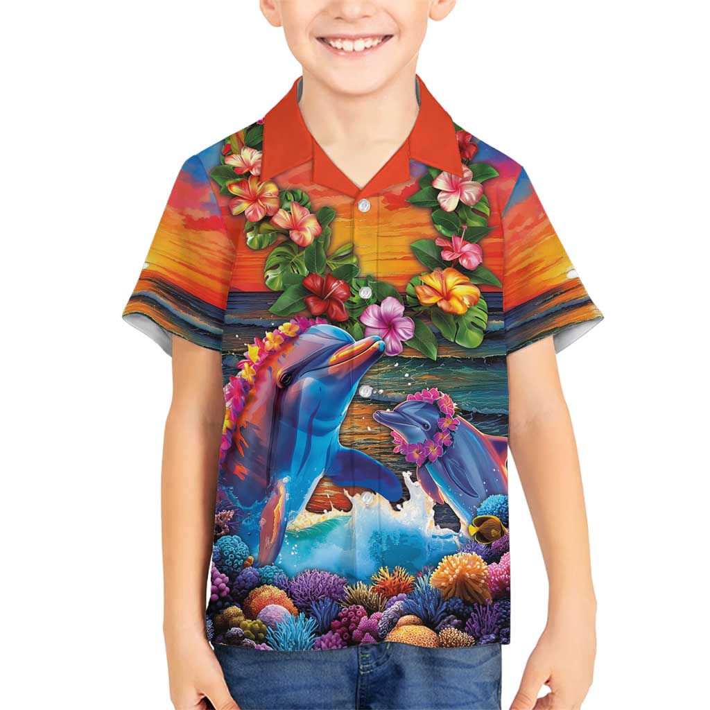 Hawaiian Lei Day Family Matching Tank Maxi Dress and Hawaiian Shirt Dolphins with Colorful Corals and Romantic Sunset