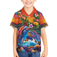 Hawaiian Lei Day Family Matching Tank Maxi Dress and Hawaiian Shirt Dolphins with Colorful Corals and Romantic Sunset