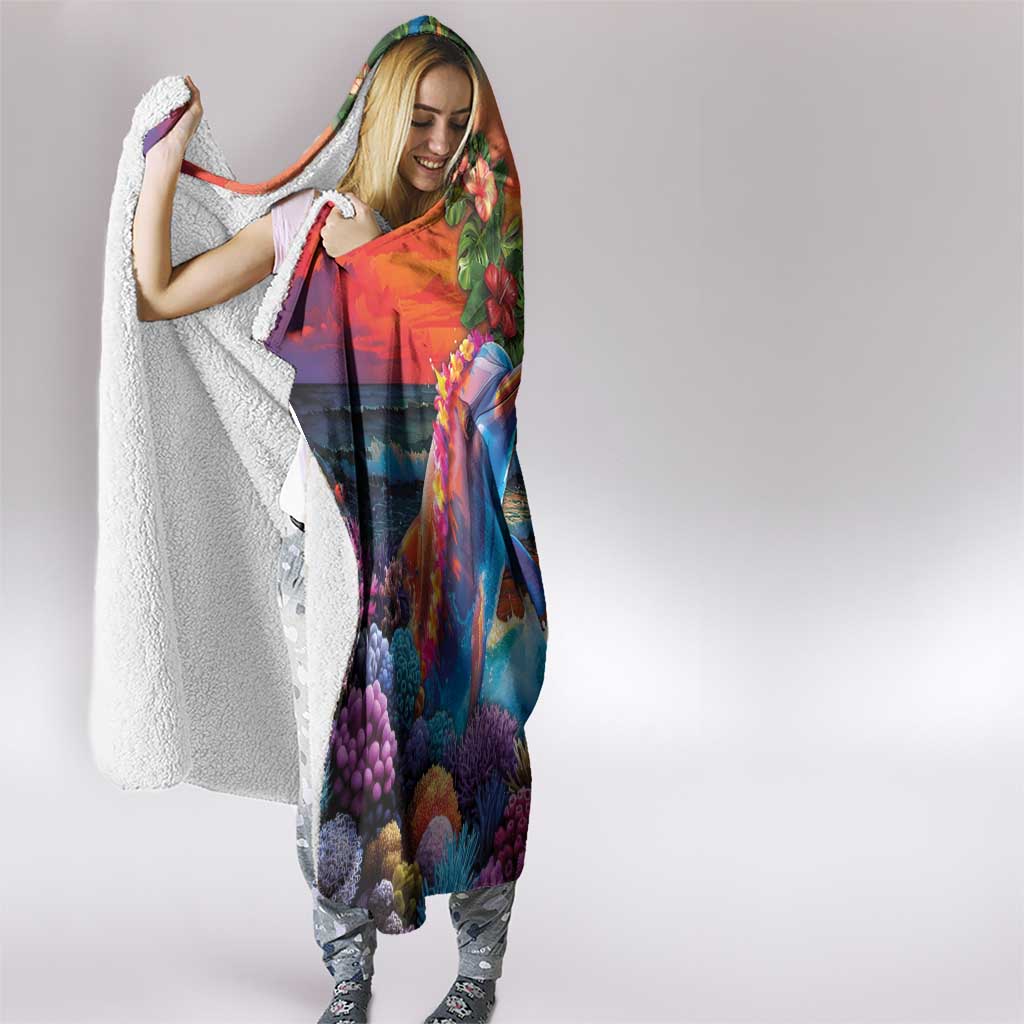 Hawaiian Lei Day Hooded Blanket Dolphins with Colorful Corals and Romantic Sunset