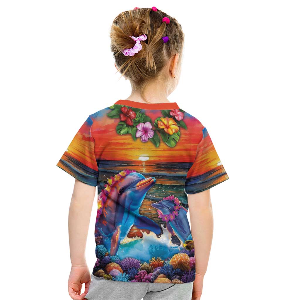 Hawaiian Lei Day Kid T Shirt Dolphins with Colorful Corals and Romantic Sunset LT03 - Polynesian Pride