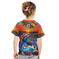 Hawaiian Lei Day Kid T Shirt Dolphins with Colorful Corals and Romantic Sunset LT03 - Polynesian Pride