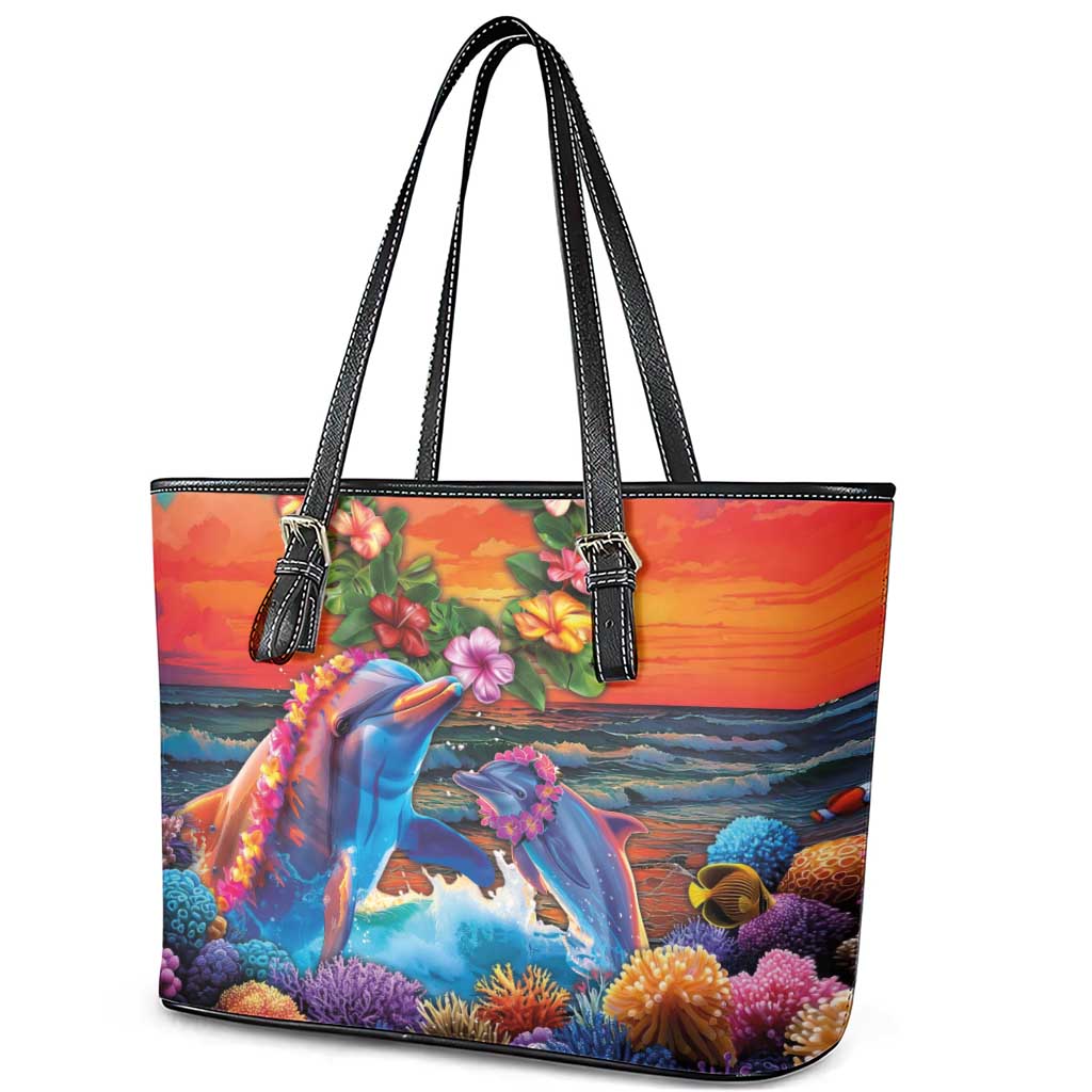 Hawaiian Lei Day Leather Tote Bag Dolphins with Colorful Corals and Romantic Sunset