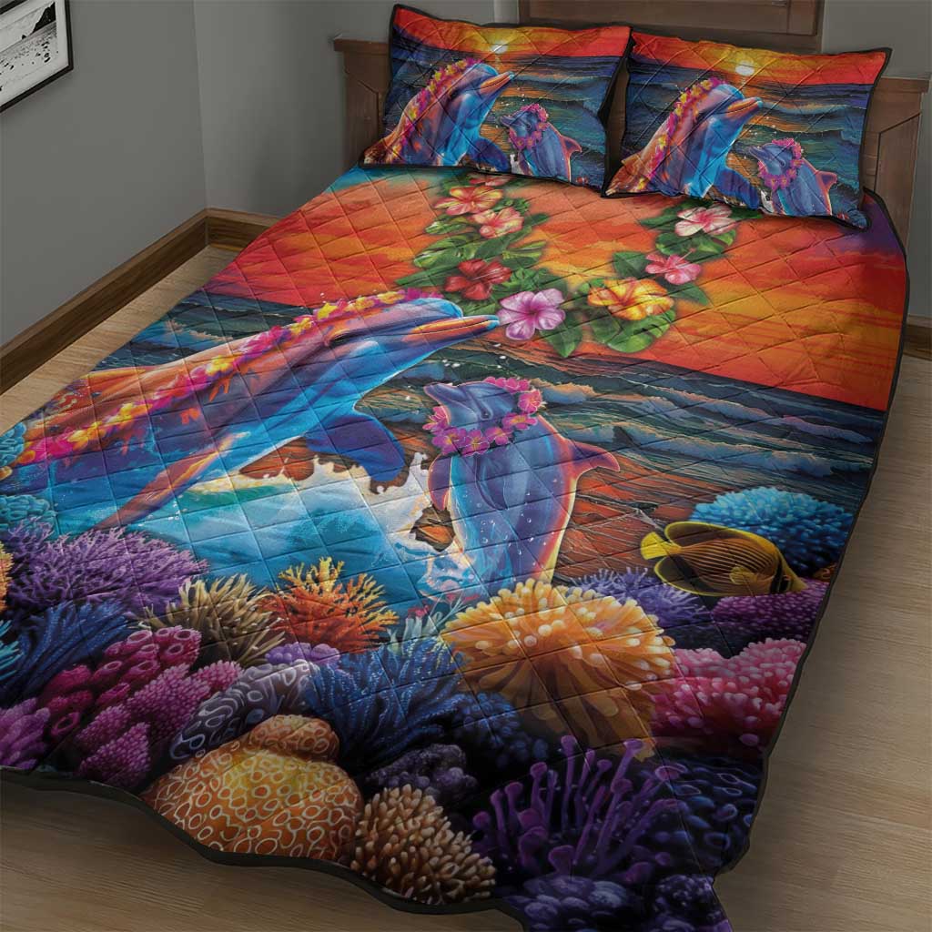 Hawaiian Lei Day Quilt Bed Set Dolphins with Colorful Corals and Romantic Sunset