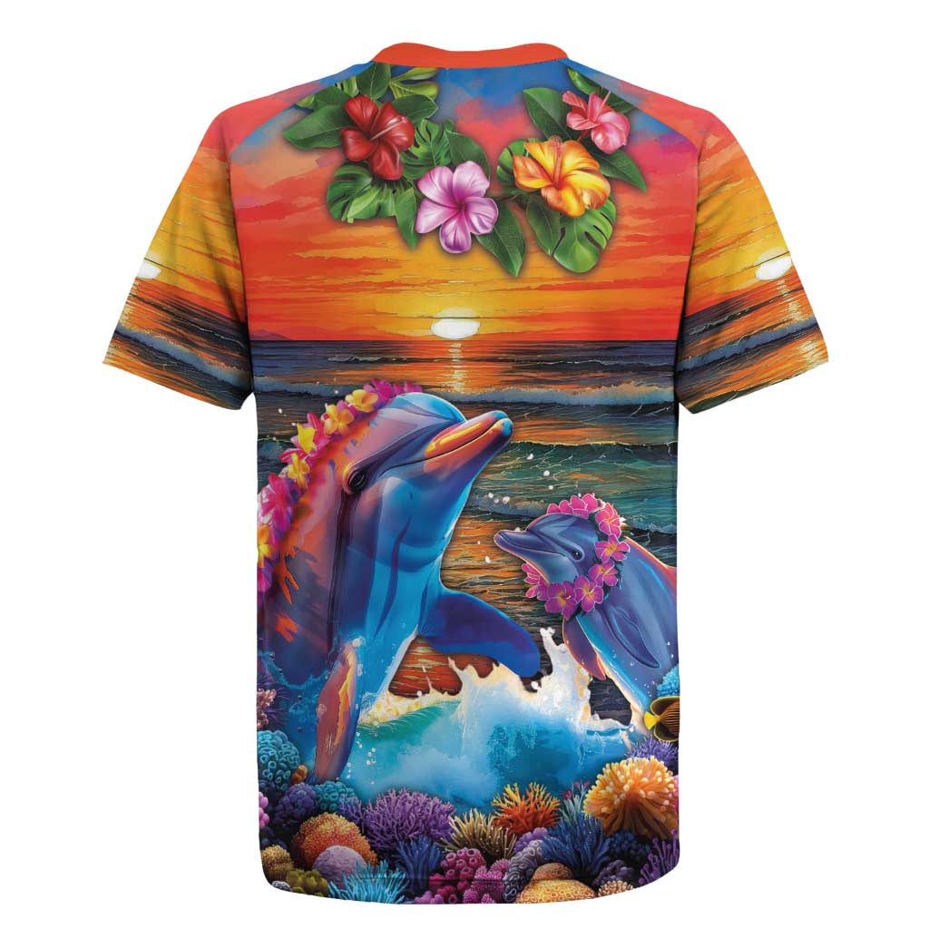 Hawaiian Lei Day Rugby Jersey Dolphins with Colorful Corals and Romantic Sunset