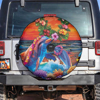 Hawaiian Lei Day Spare Tire Cover Dolphins with Colorful Corals and Romantic Sunset