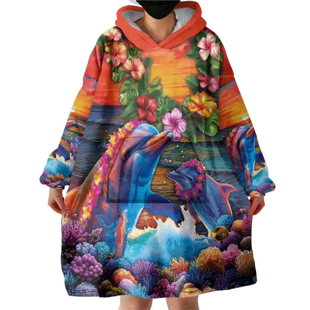 Hawaiian Lei Day Wearable Blanket Hoodie Dolphins with Colorful Corals and Romantic Sunset