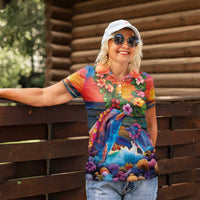 Hawaiian Lei Day Women Polo Shirt Dolphins with Colorful Corals and Romantic Sunset